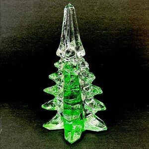 Vintage 8” H heavy clear art glass Christmas Tree with green glass insert